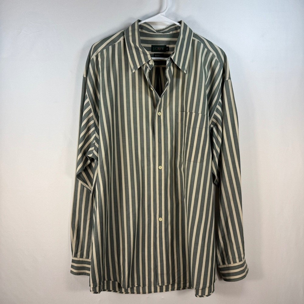 Vintage J. Crew Mens XL Green Cream Striped Cotton Button Down Shirt Long Sleeve